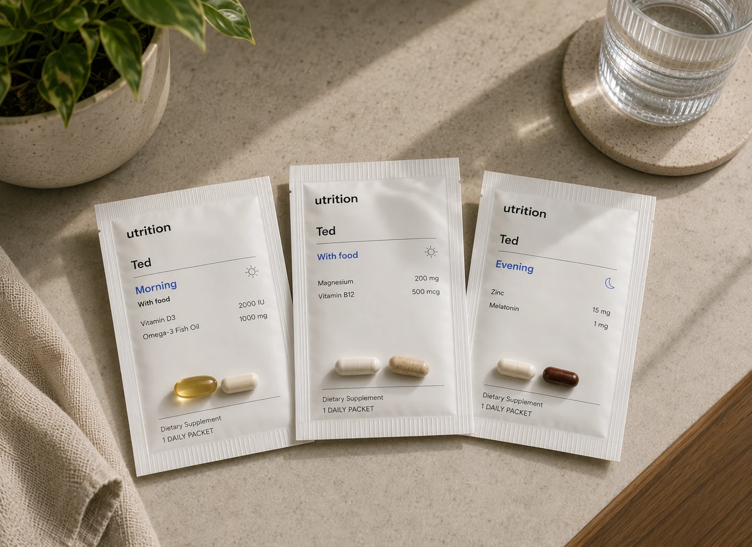 Three labeled Utrition daily sachets on a sunlit countertop